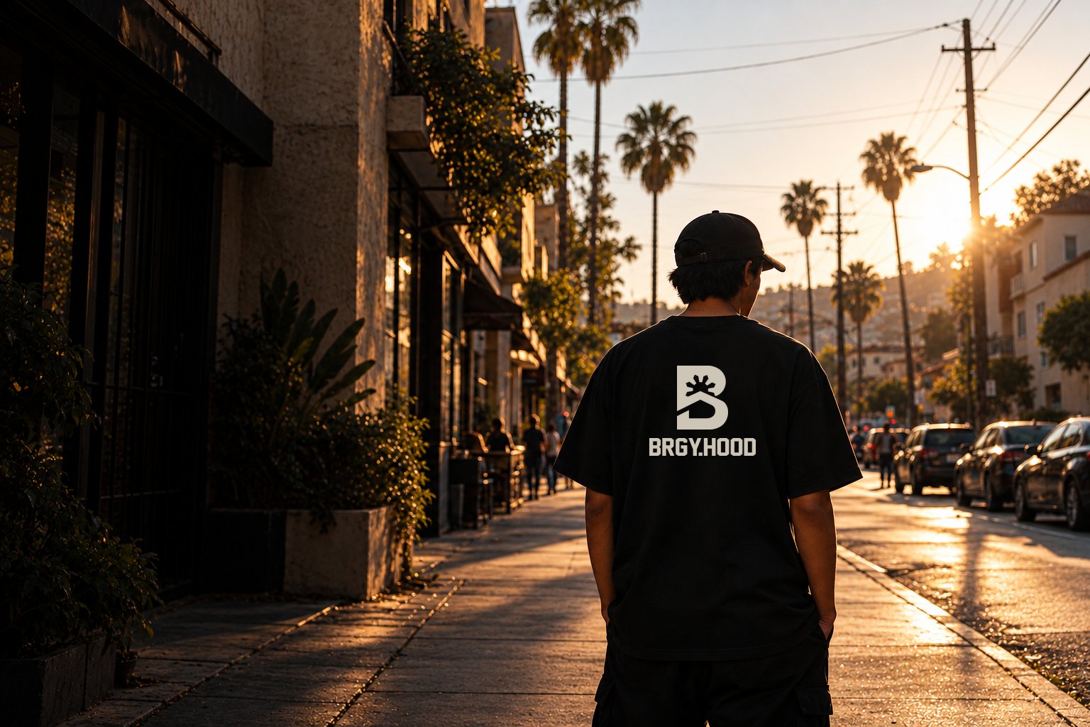 AI-generated campaign scene: a person facing a palm-lined California neighborhood street at golden hour.