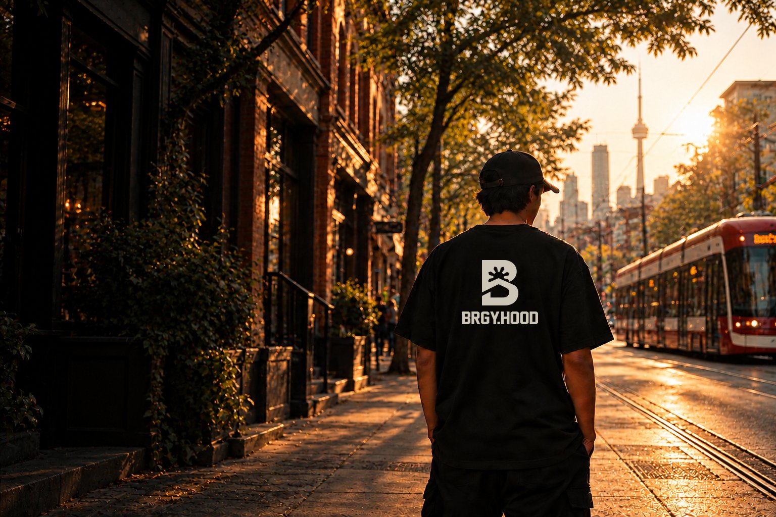 AI-generated campaign scene: a person wearing BRGY.HOOD on a Canada neighborhood street at golden hour.