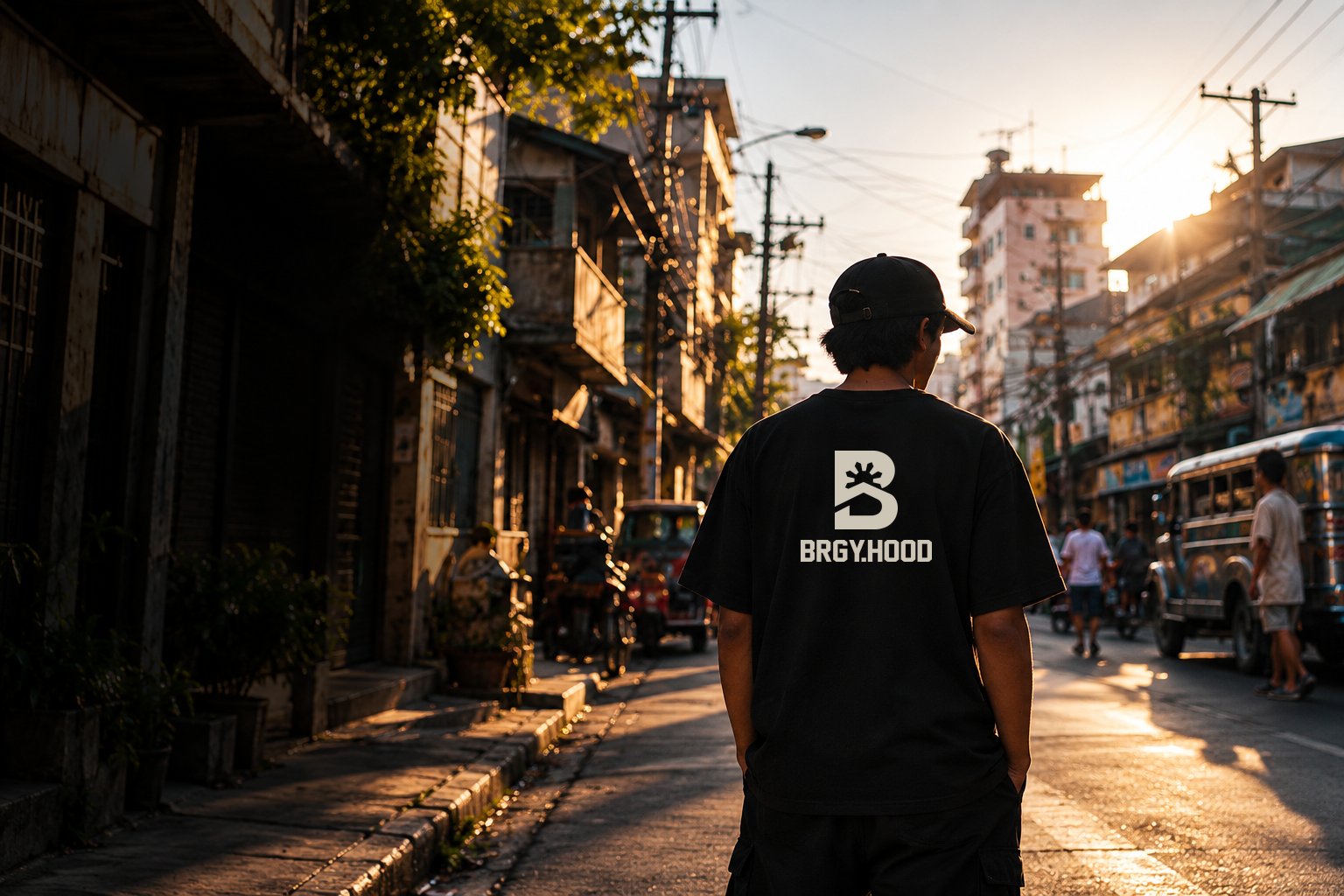 AI-generated campaign scene: a person facing a Filipino neighborhood street at golden hour.
