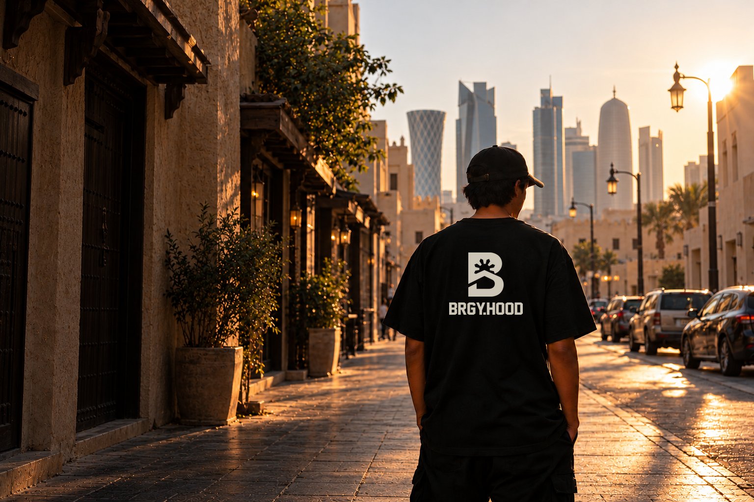 AI-generated campaign scene: a person wearing BRGY.HOOD on a Qatar neighborhood street at golden hour.
