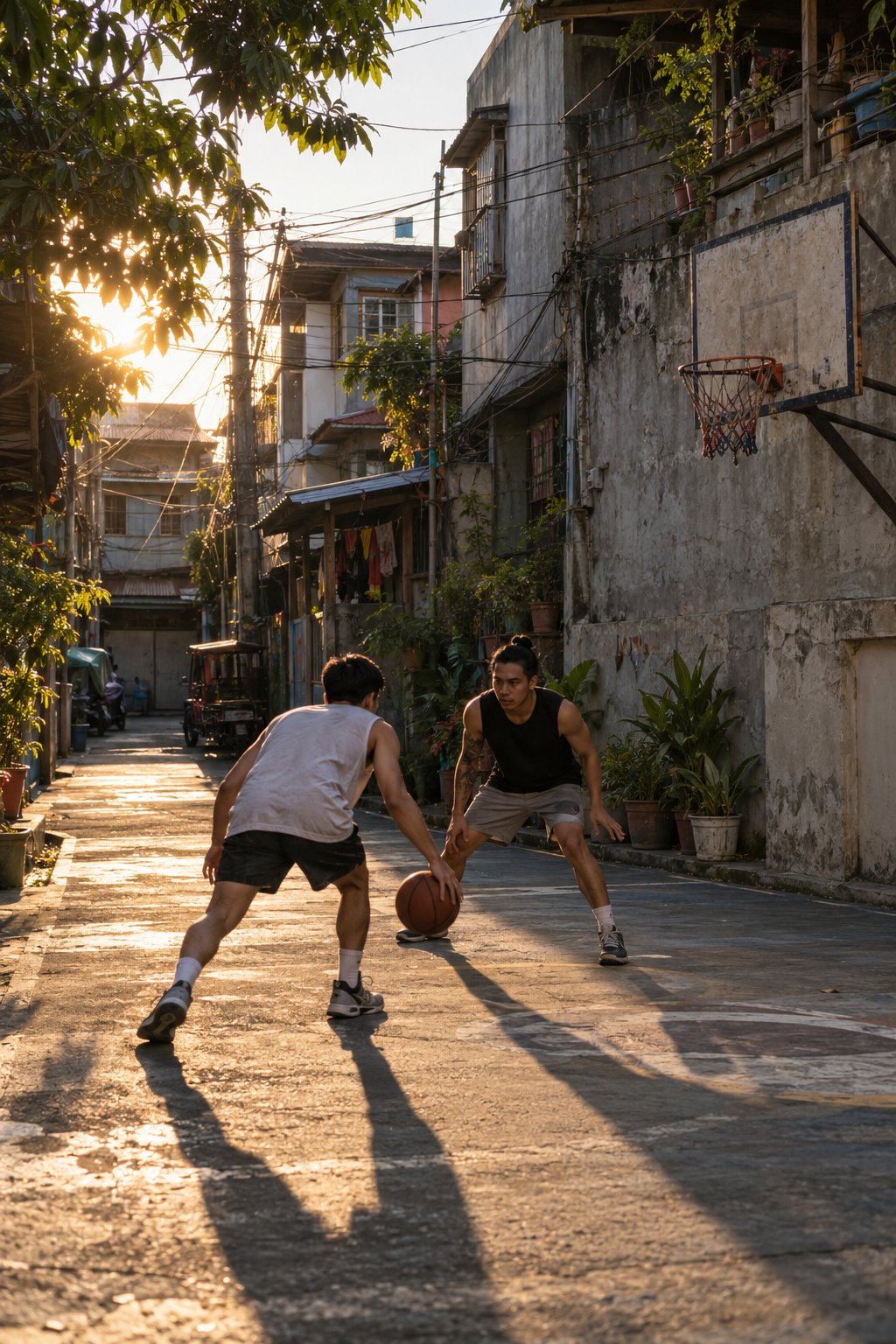AI-generated editorial scene: Two adults playing basketball on a neighborhood street.