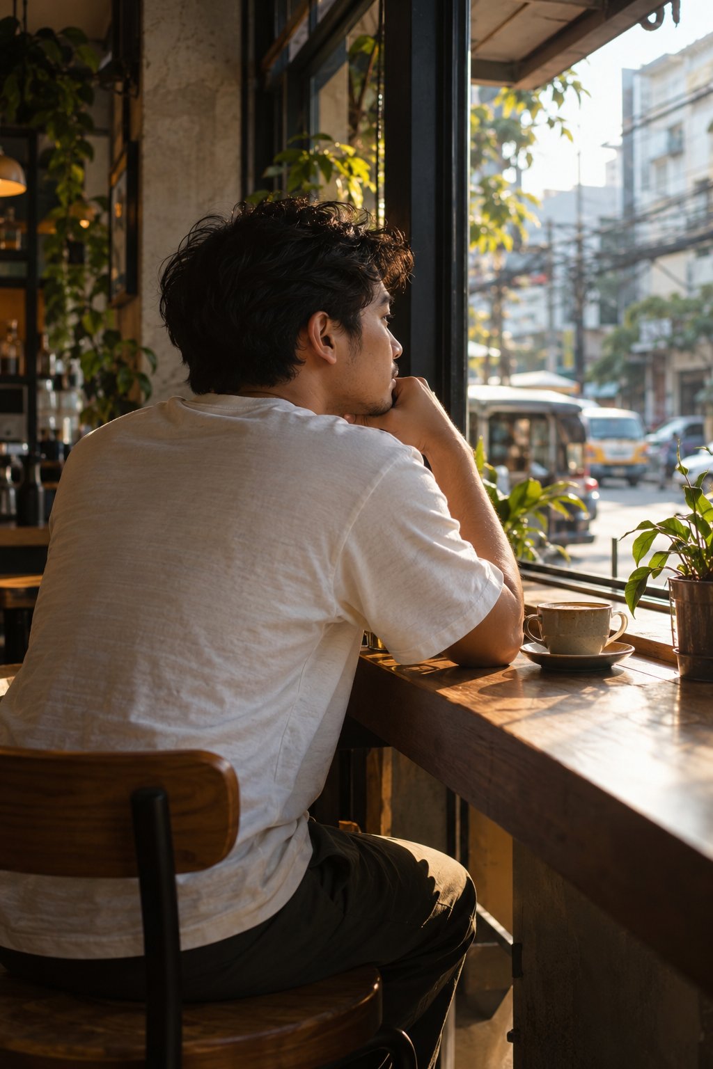 AI-generated editorial scene: A person at a cafe counter looking toward the neighborhood street.