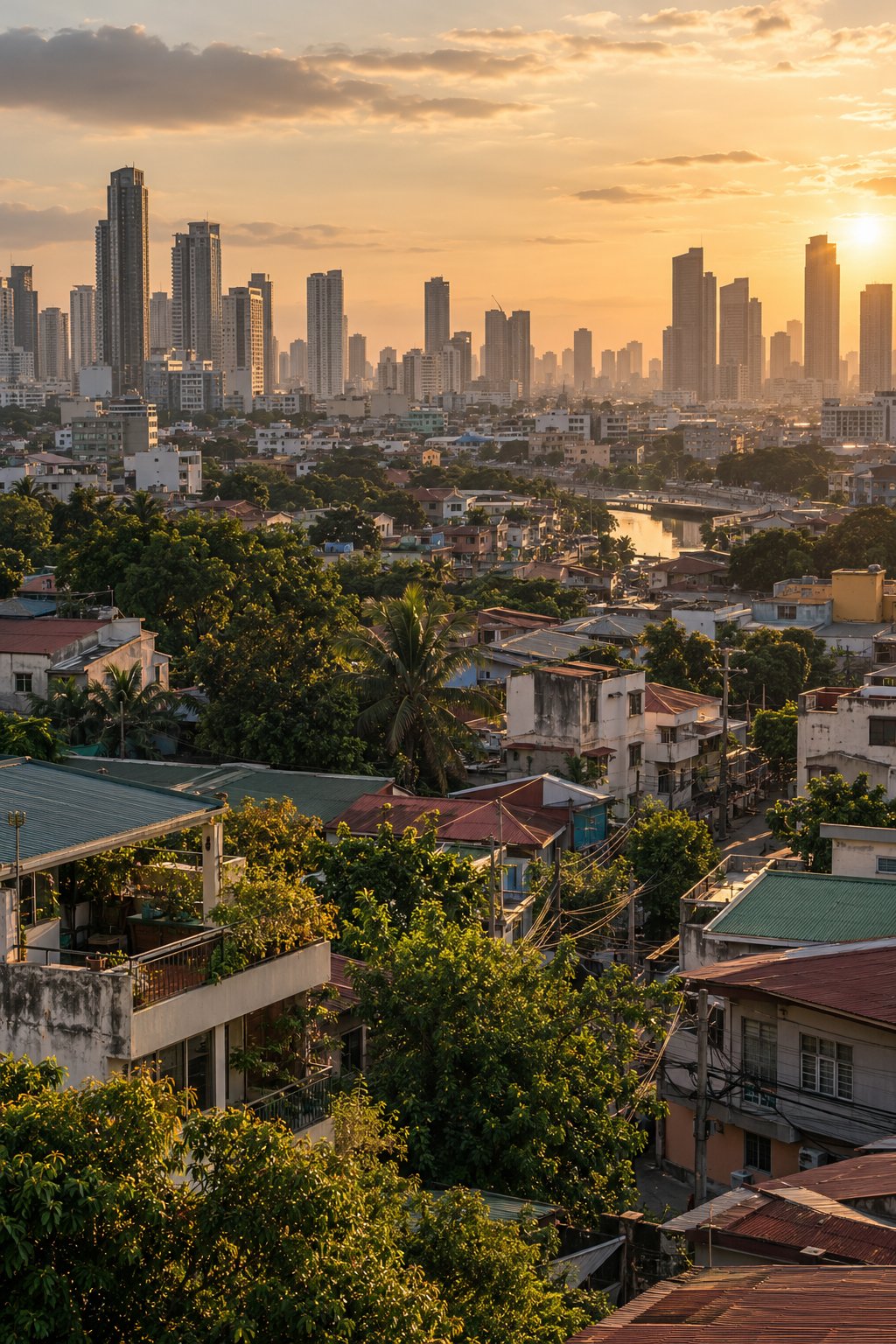 AI-generated editorial scene: Layered neighborhood rooftops and trees beneath a distant city skyline.