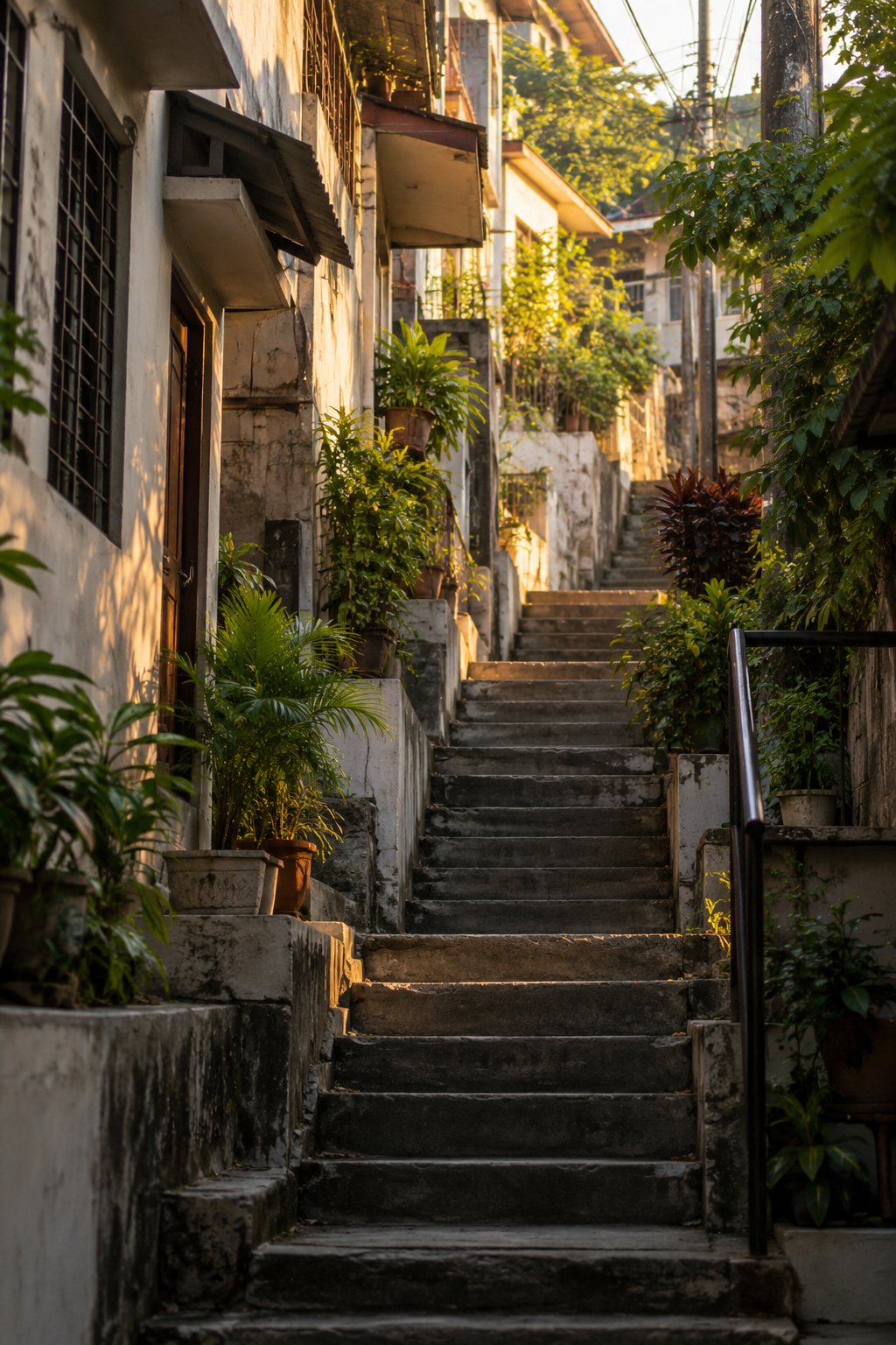 AI-generated editorial scene: Concrete steps between homes and potted plants.