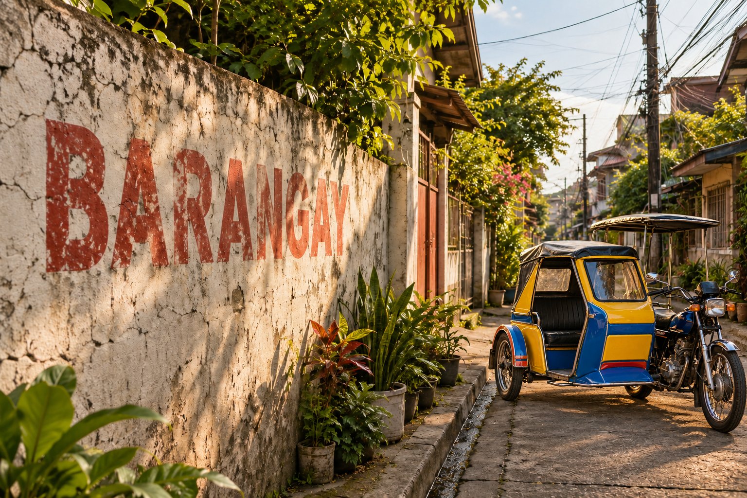 AI-generated campaign scene: a barangay wall beside a blue-and-yellow tricycle on a Filipino neighborhood street.